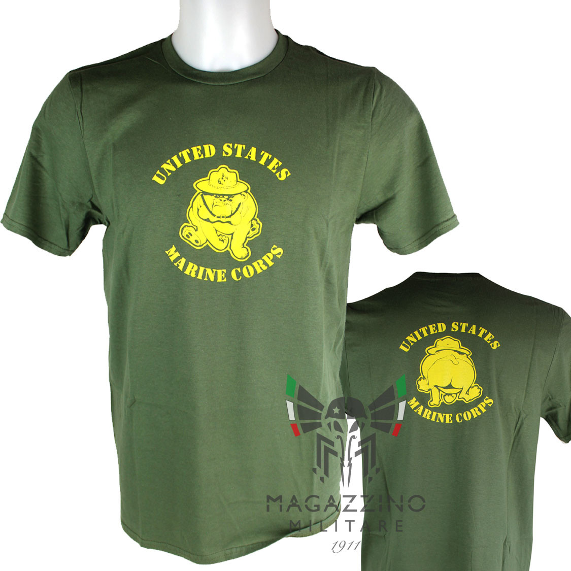 Military US Marines Bull Dog T-Shirt front and back OD GREEN