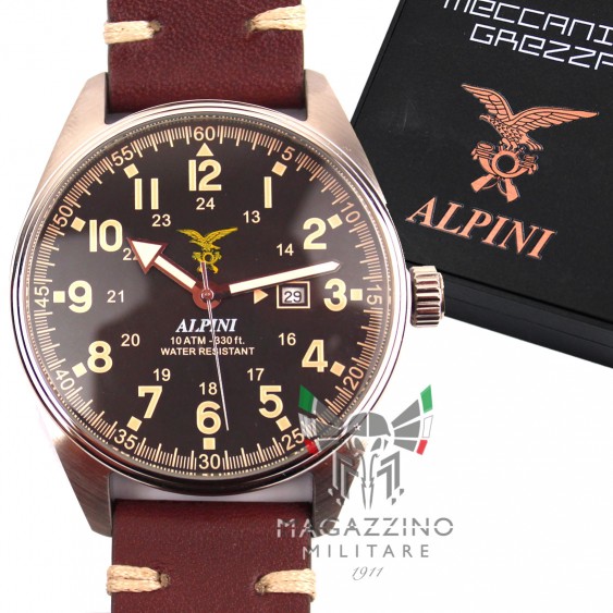 Orologio ufficiale degli Alpini Italiani con cassa in acciaio satinato e cinturino in pelle