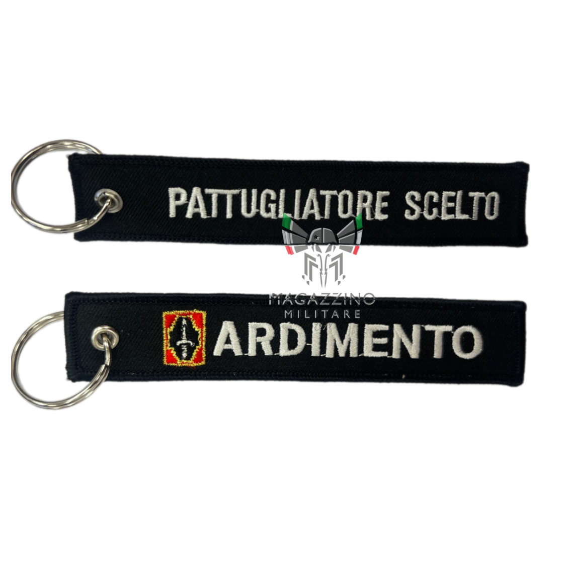 Embroidered keychain "ARDIMENTO/PATTUGLIATORE SCELTO", size 13cm x 2.5cm, black background.