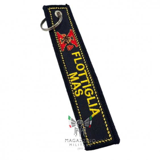 Embroidered keychain "X FLOTTIGLIA MAS", size 13cm x 2.5cm, black background.